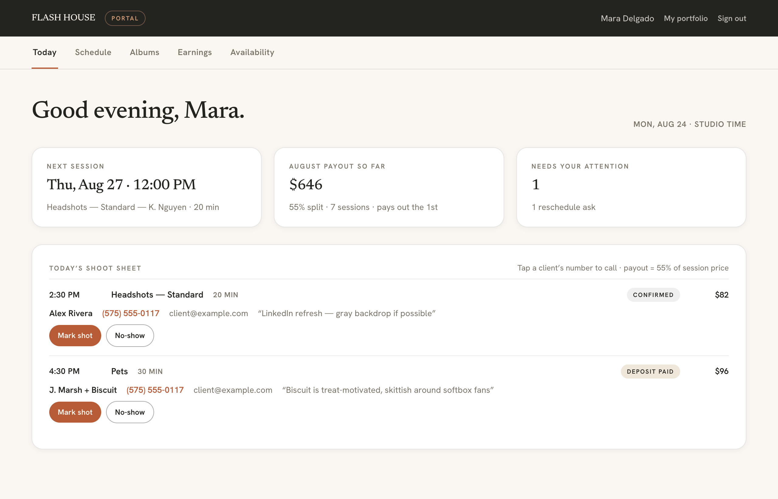 The Proof portal — today's shoot sheet with sessions, client contacts, and one-tap status updates